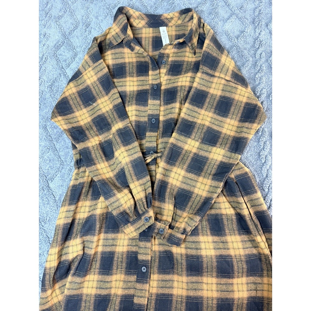 B (Large) Black Burnt Orange Flannel Button-Up Long Sleeve Midi Dress